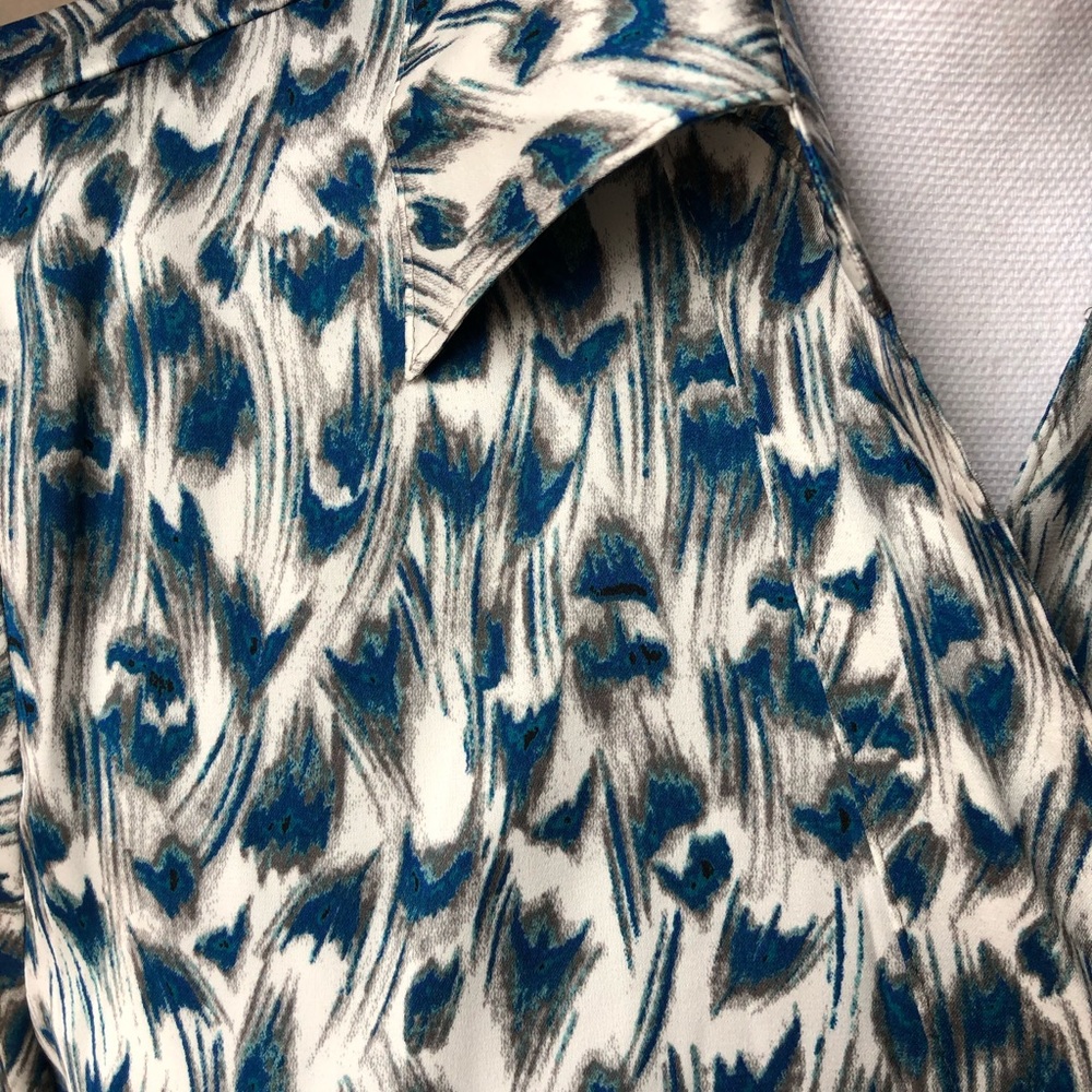 Blue and White Printed Wrap Blouse with Tie Waist - Picture 2 of 4